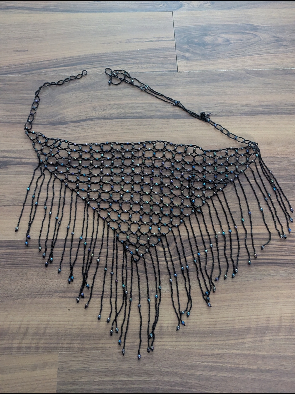 Iridescent Beaded Fringe Belt Necklace Black Statement Handkerchief Rave Dance